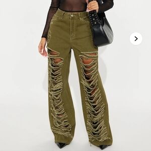 New Big Dreams Non Stretch Ripped Wide Leg Baggy Olive Jeans